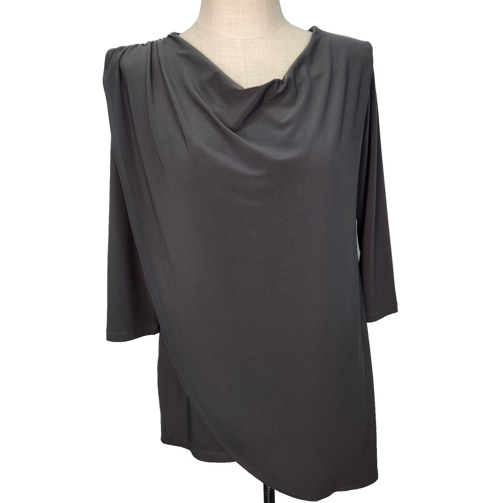 Clara‎ Sun Woo Drape Front Tunic Blouse M Gray Slinky 3/4 Sleeve USA Made